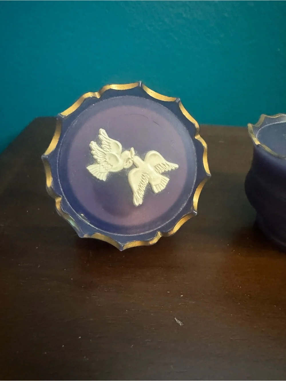 Avon Blue-Purple Ceramic Trinket Box Pair with Doves